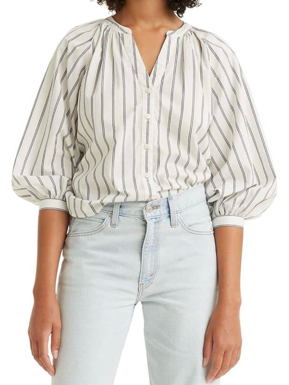 Levi’s Striped V-Neck Puff-Sleeve Cotton Blouse - White/Navy - XL